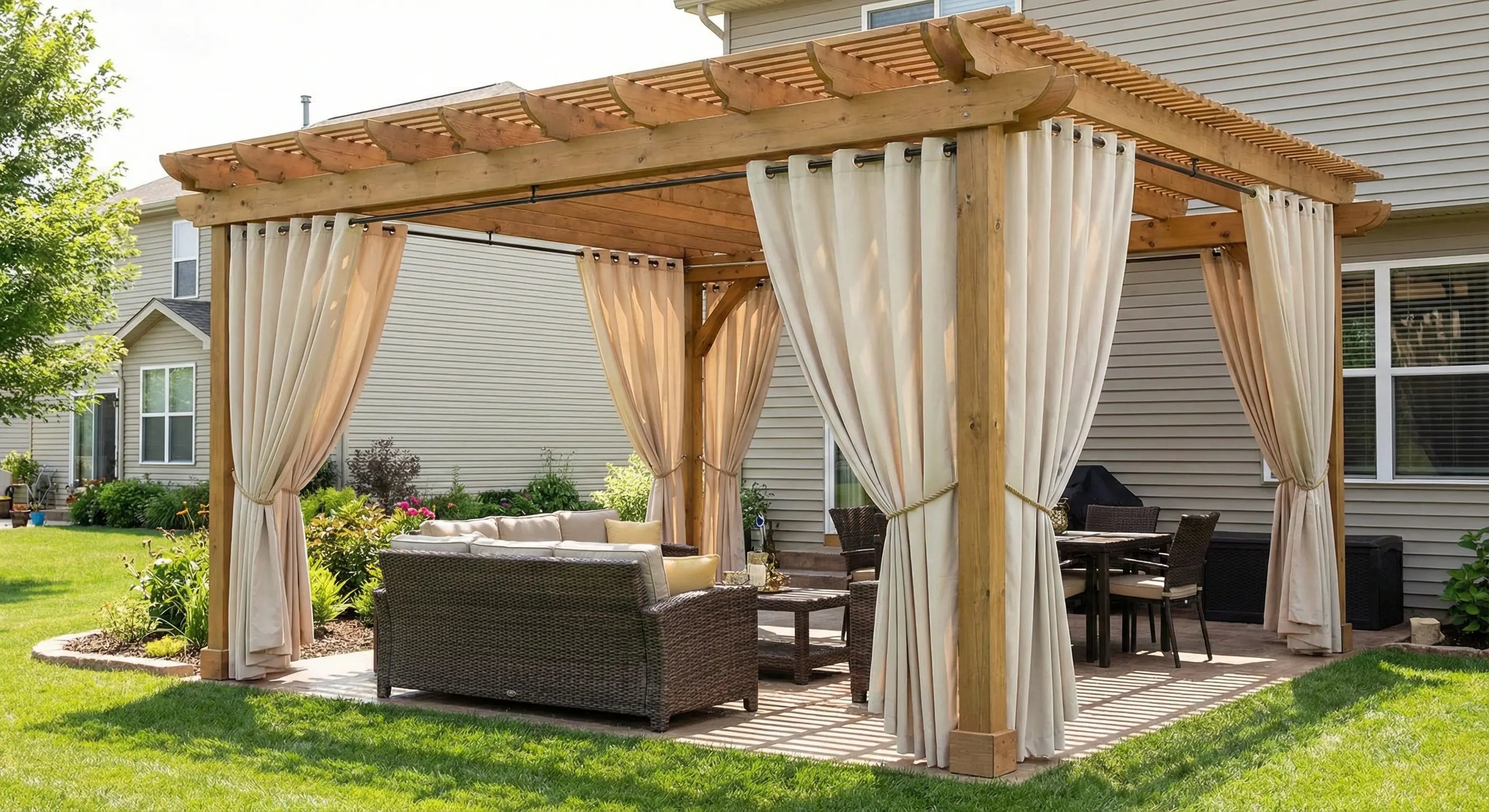 How to hang outdoor curtains on a pergola