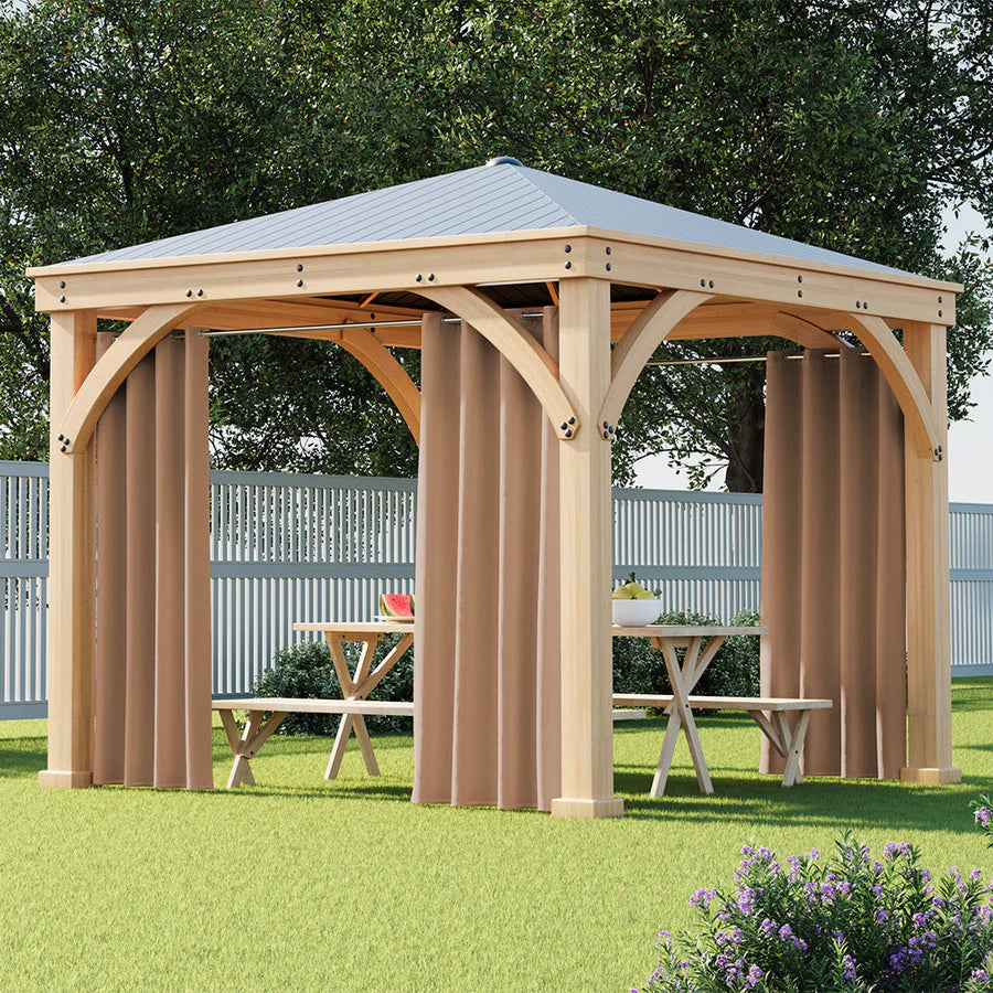 KGORGE Fadenomore waterproof outdoor curtains with grommets on a wooden gazebo, offering sun protection & privacy.