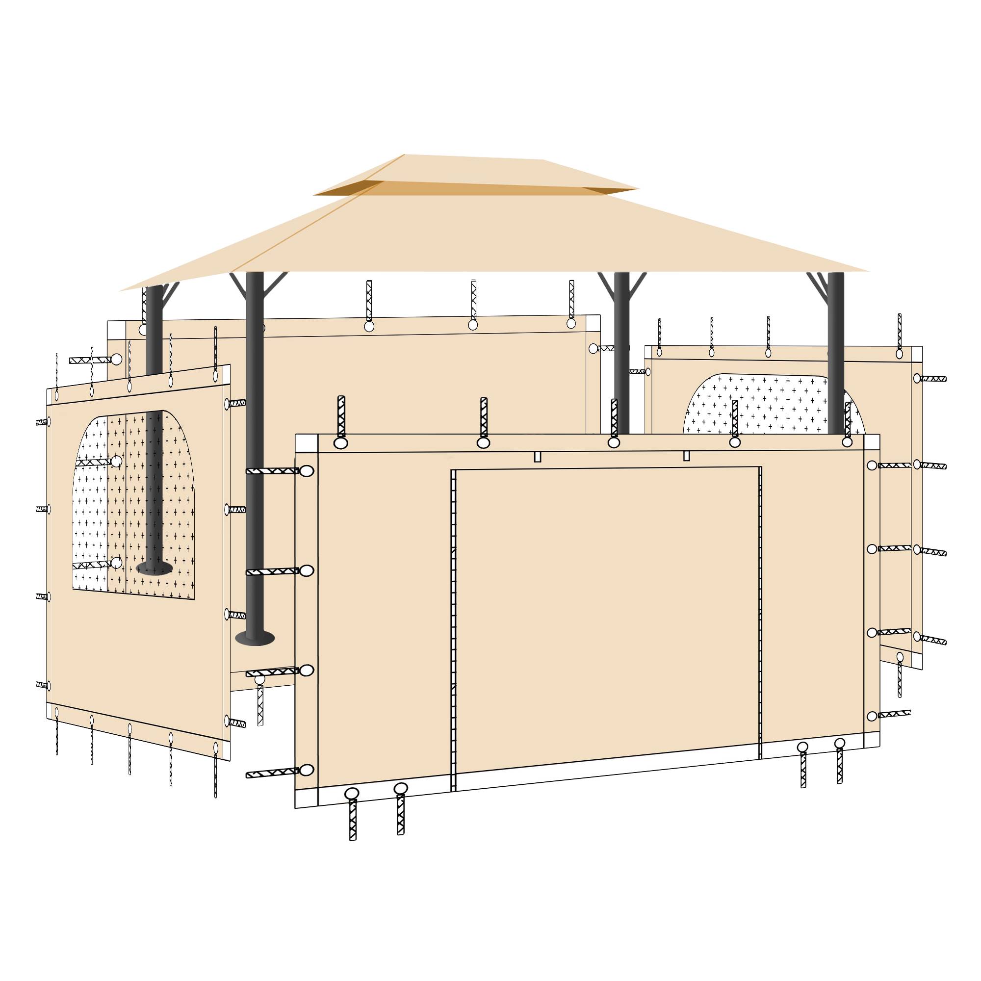 Tan waterproof outdoor gazebo side panels for pergola, including solid, window, and door options for custom privacy & shade.