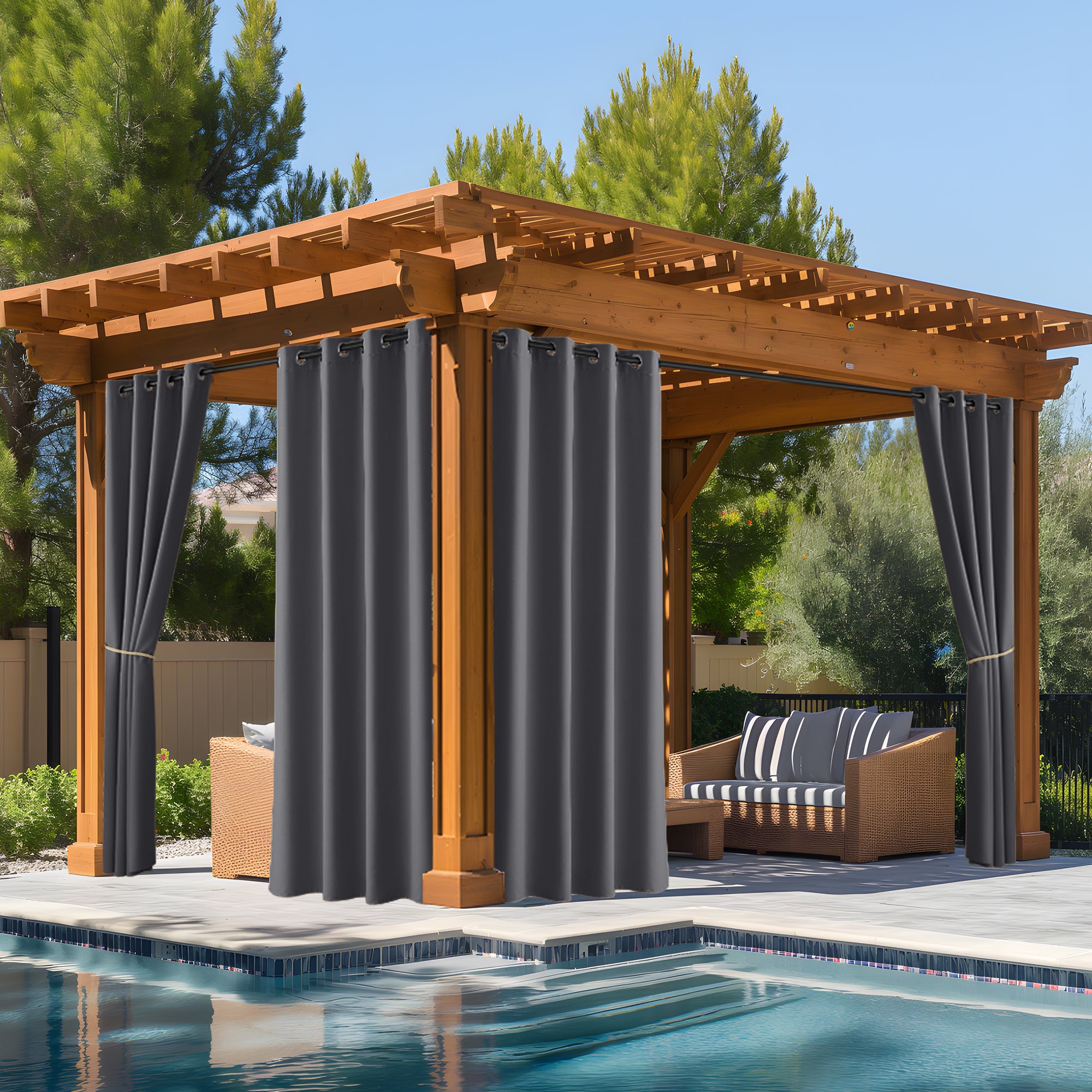 KGORGE dark gray fade-resistant waterproof outdoor patio curtains on a wooden pergola by a swimming pool.