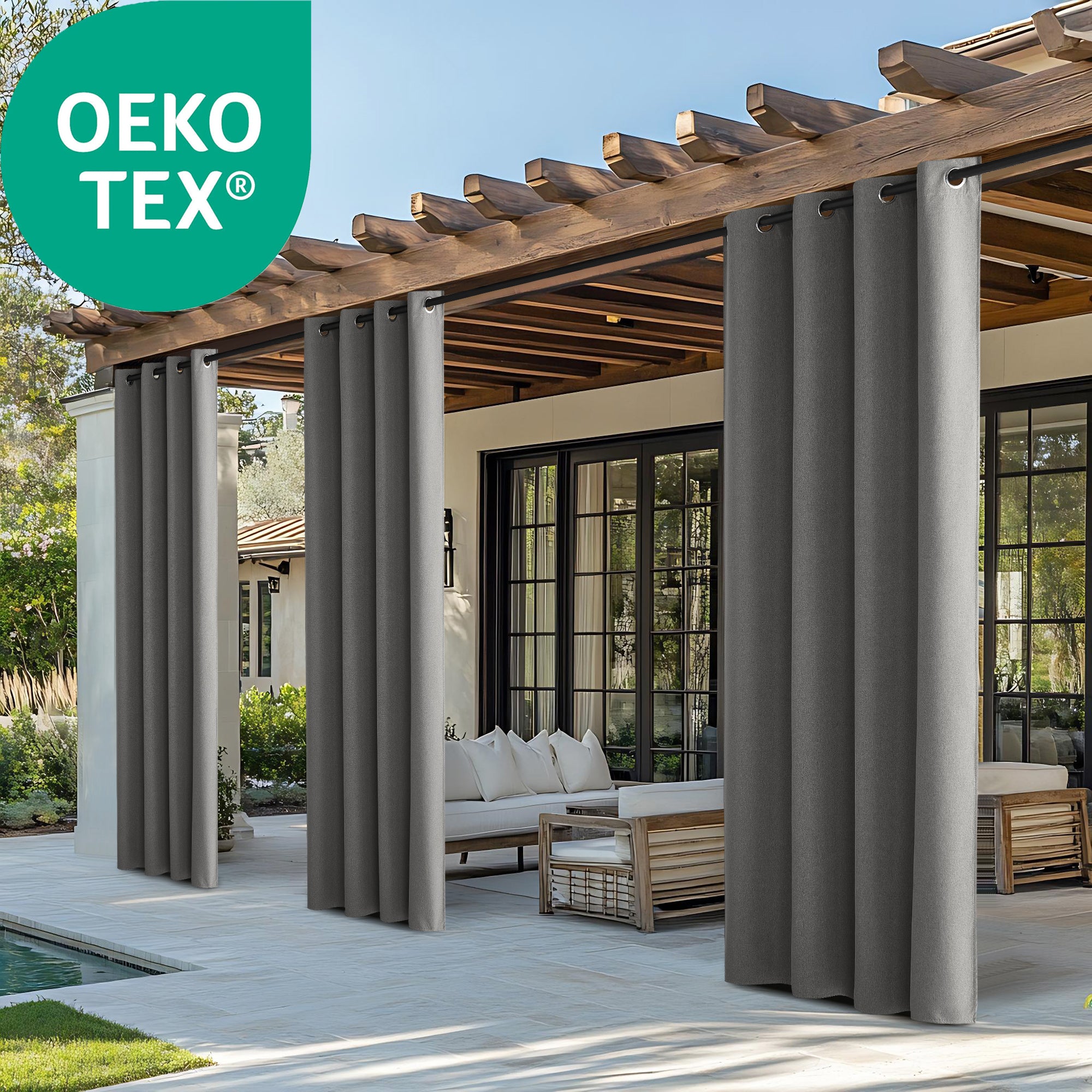OEKO-TEX dark gray blackout waterproof faux linen outdoor curtains hung on a patio pergola, offering privacy for outdoor living.