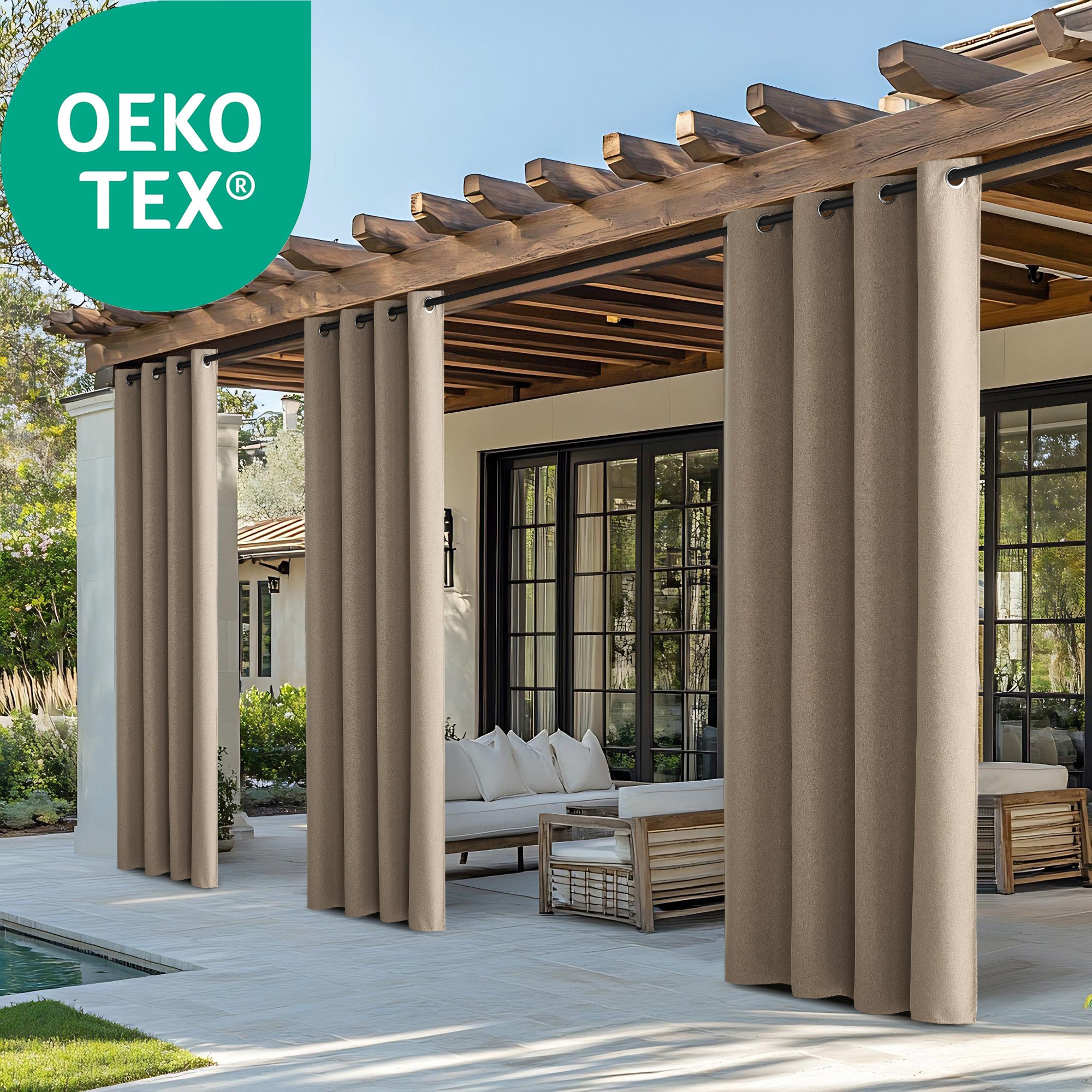 OEKO-TEX waterproof faux linen outdoor blackout curtains in tan on a pergola, creating a private oasis for patio living.