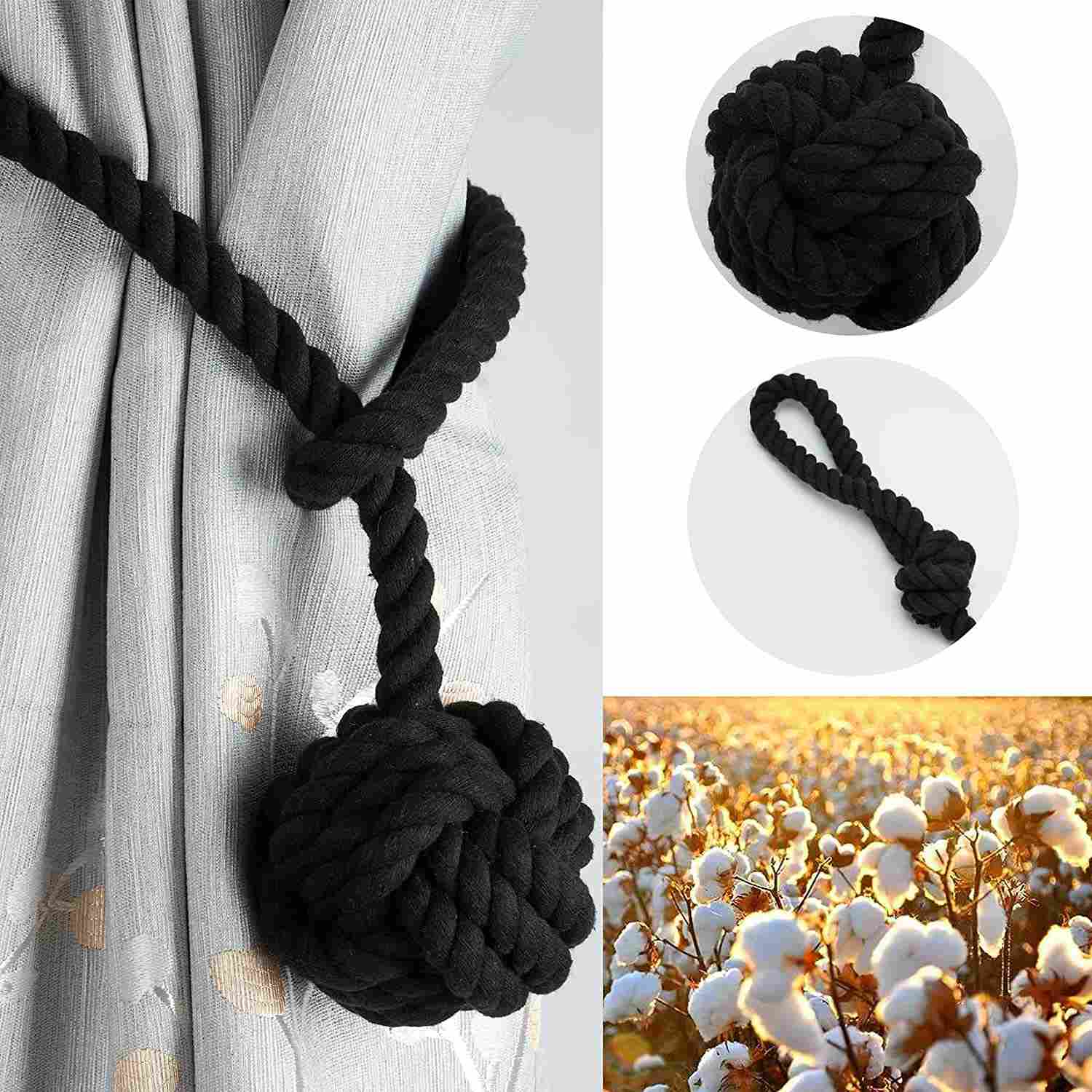 Black macrame rope curtain tieback with decorative knot securing a curtain, close-ups show the braided texture and cotton material.