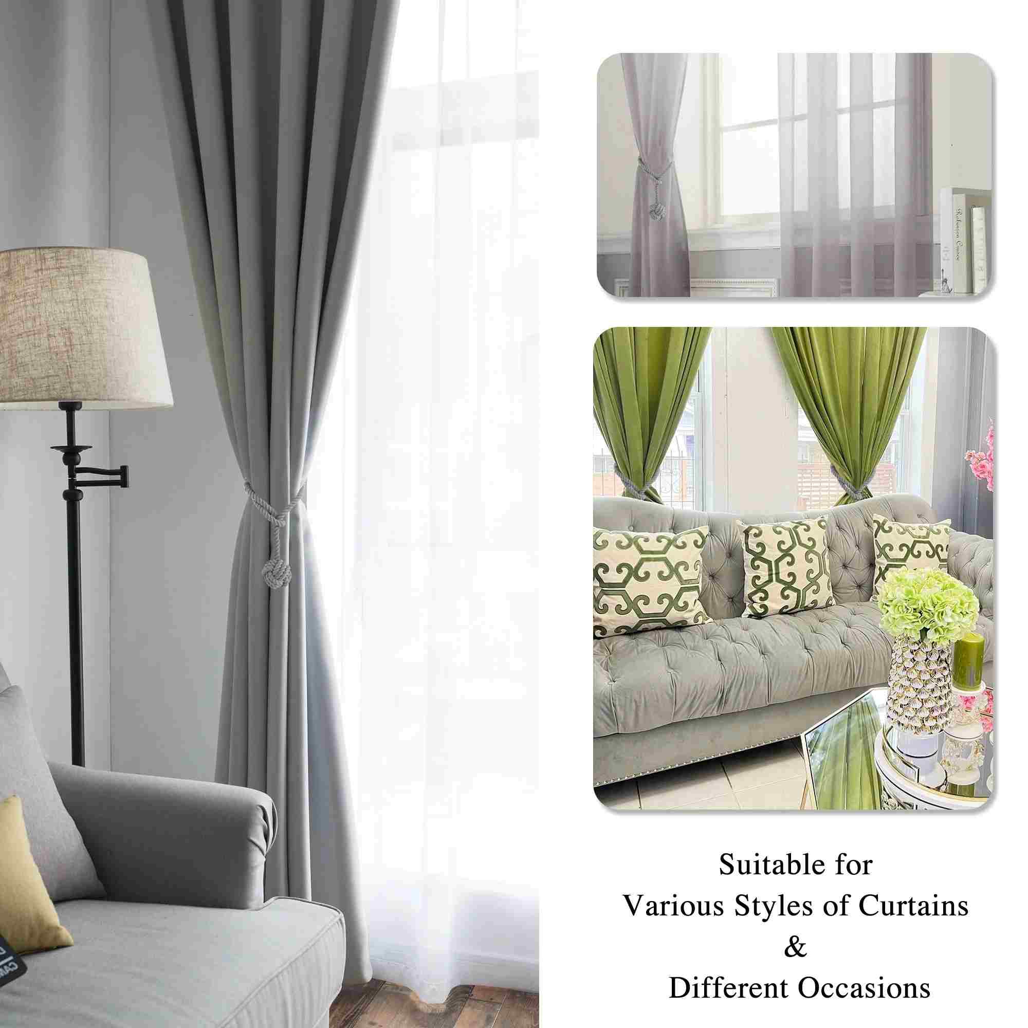 Elegant grey macrame curtain tieback holding a room-darkening panel; insets display its use with various curtain styles and colors.