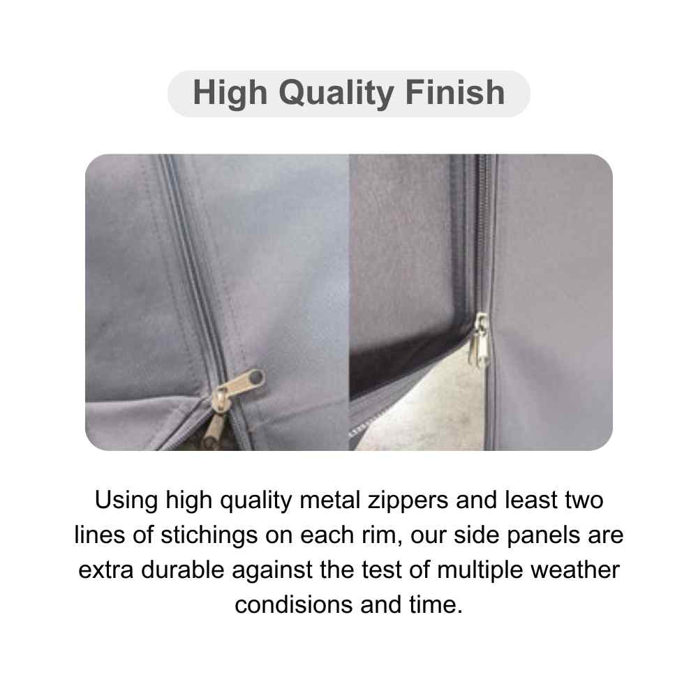 Durable metal zipper and double stitching detail on grey waterproof outdoor gazebo side panel wall.