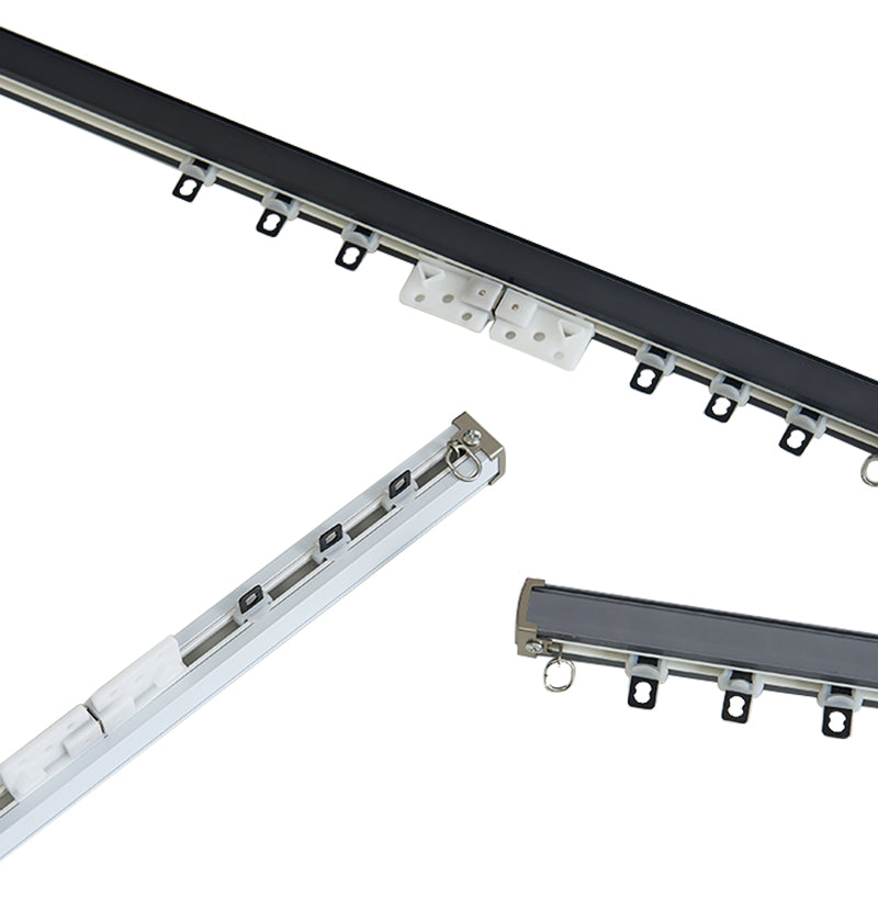 Custom heavy-duty black/silver metal curtain track, pinch pleat runners, brackets for ceiling/wall.