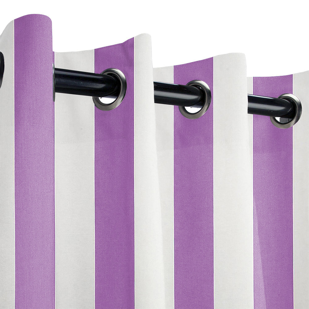 Close-up of KGORGE Fadenomore fade-resistant outdoor curtain fabric with purple and white stripes and silver grommets.