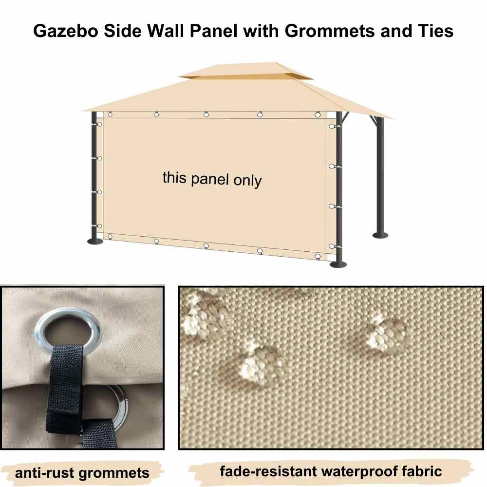 Beige waterproof outdoor gazebo side wall panel with anti-rust grommets & ties for patio, pergola. Shows fade-resistant fabric.