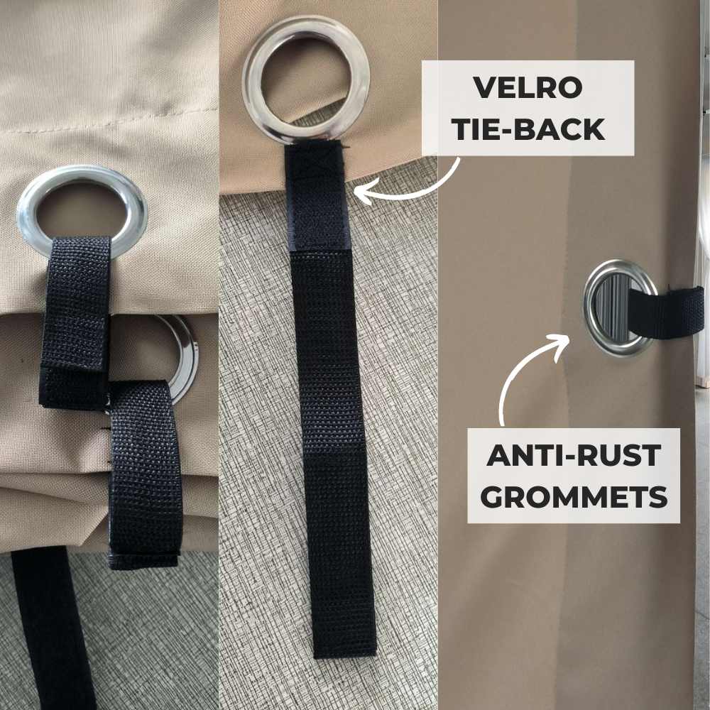Close-up of anti-rust grommets and Velcro tie-backs on a beige waterproof outdoor canopy tent gazebo sidewall panel.