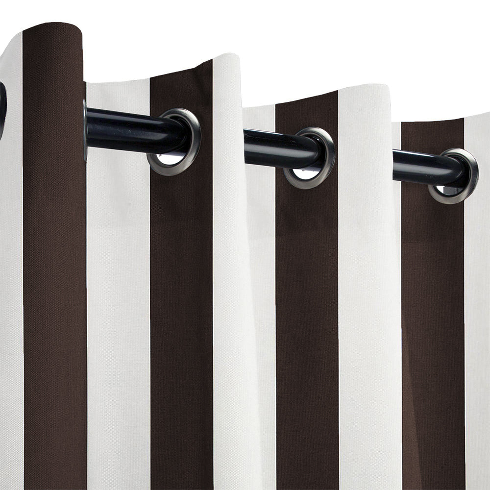 KGORGE Fadenomore™ fade-resistant outdoor curtain fabric sample, featuring brown and white stripes on a rod.