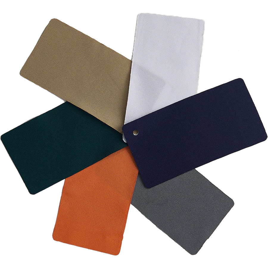 Six textured KGORGE outdoor canvas fabric samples showcasing available colors for weatherproof patio and garden curtains & shade solutions.