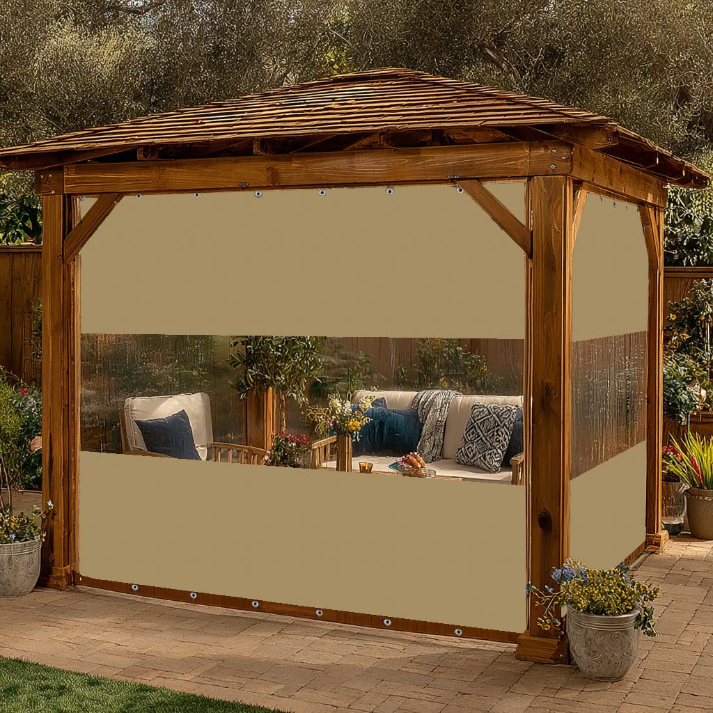 Khaki 12mil canvas outdoor curtain with clear PVC panel and top/bottom grommets, providing patio insulation on a wooden gazebo.