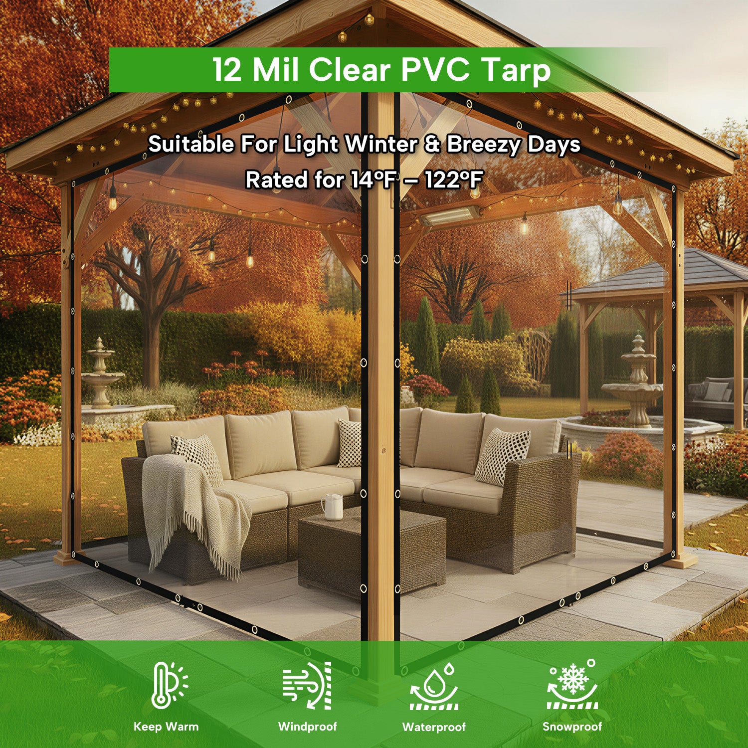 12mil Outdoor Clear Tarps with Grommets PVC Insulation Shed Cloth for Patios, Porch, Screen Rooms, Gazebos