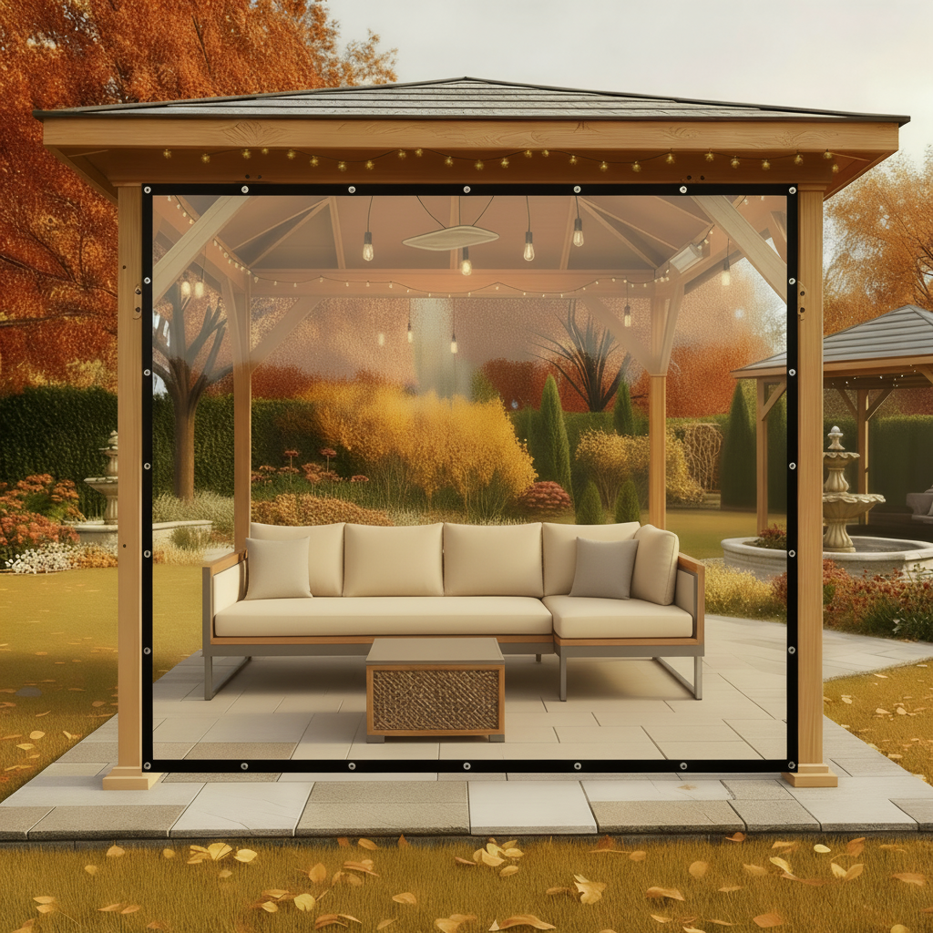 Clear 12mil PVC outdoor tarp with grommets enclosing a gazebo patio, providing insulation & weather protection for outdoor living.