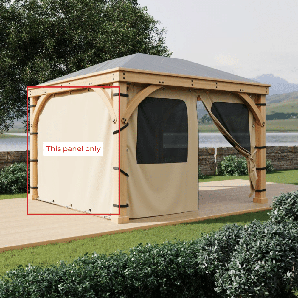 Beige heavy-duty waterproof outdoor gazebo side wall panel installed on a wooden gazebo, offering all-weather protection and privacy.