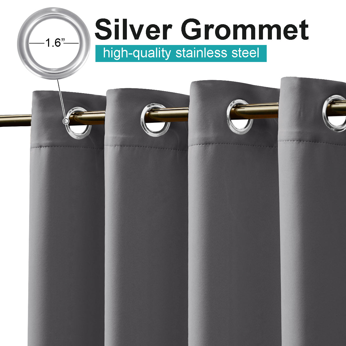 KGORGE dark grey fade resistant waterproof patio outdoor curtain with 1.6" silver stainless steel grommets on a rod.