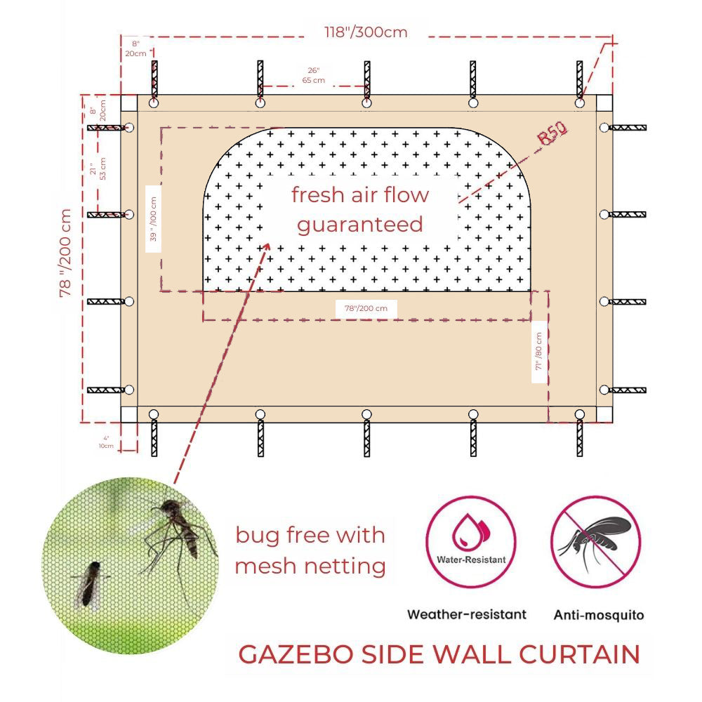KGORGE waterproof outdoor gazebo sidewall panel diagram with mesh window dimensions, fresh air flow, bug-free, weather-resistant features.