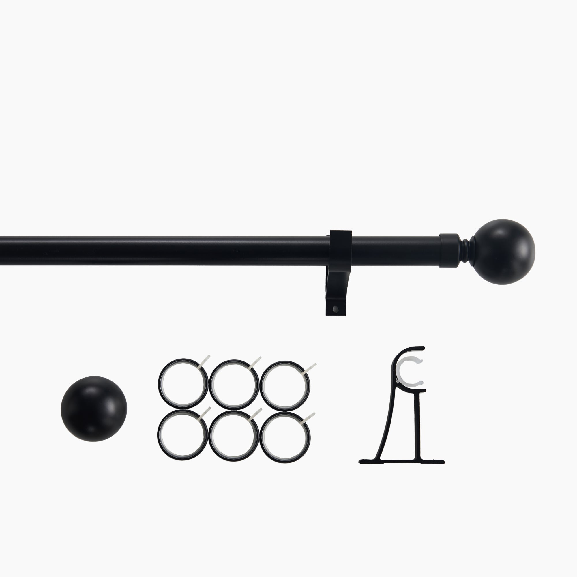 Black aluminum alloy curtain rod with Roman round finials, six rings & mounting brackets for outdoor patio shade solutions.