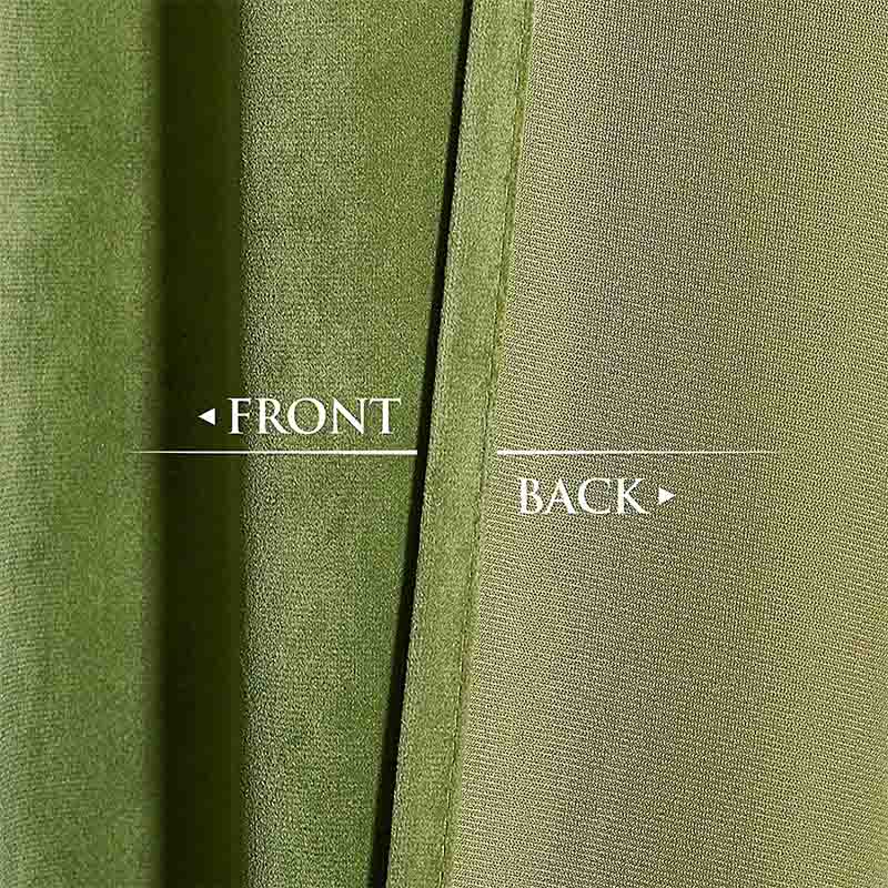 Close-up of olive green luxury blackout velvet curtain fabric, highlighting the plush front and woven noise-reducing back.