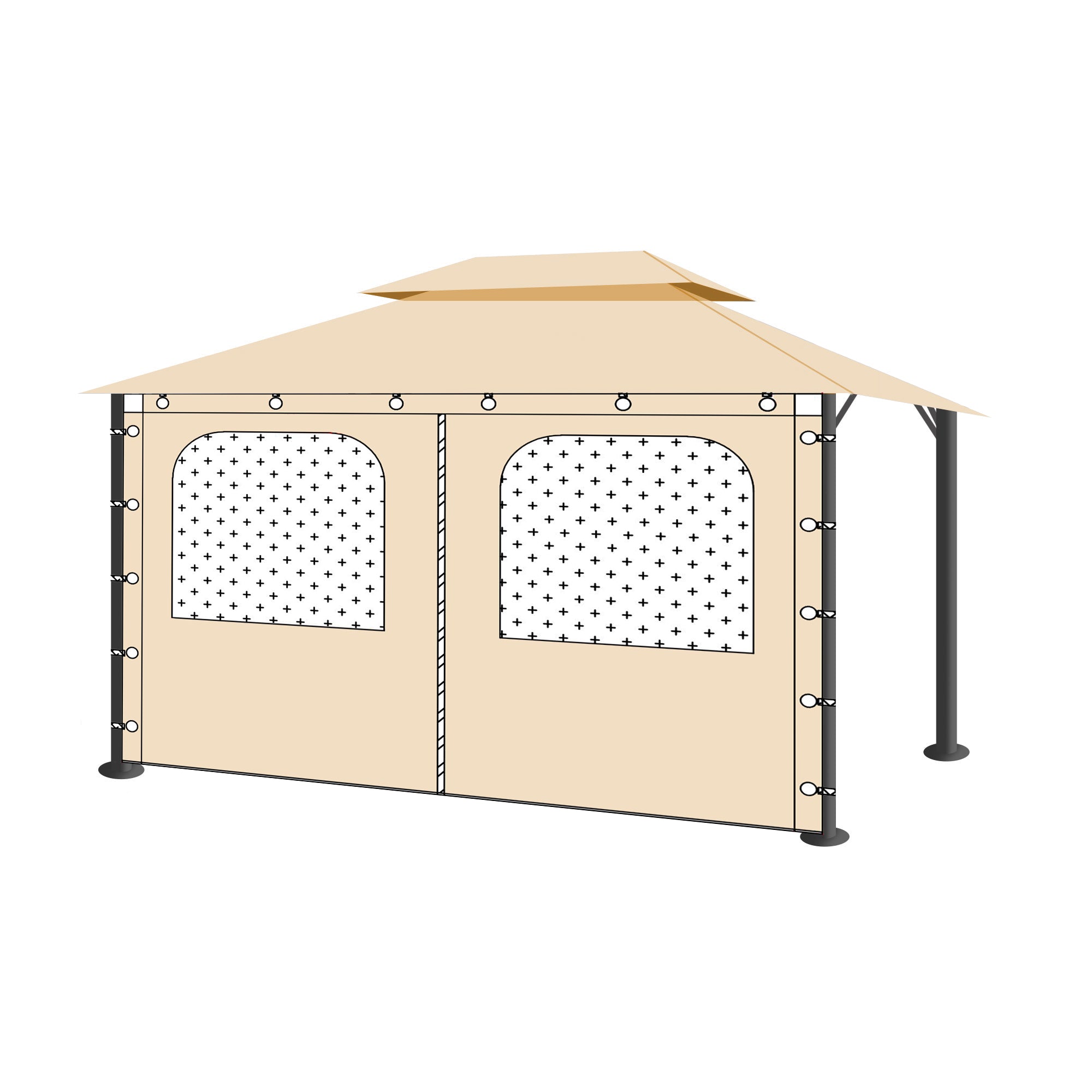 Beige waterproof outdoor gazebo sidewall panel with two mesh windows and a zipper door for canopy tents and pergolas.