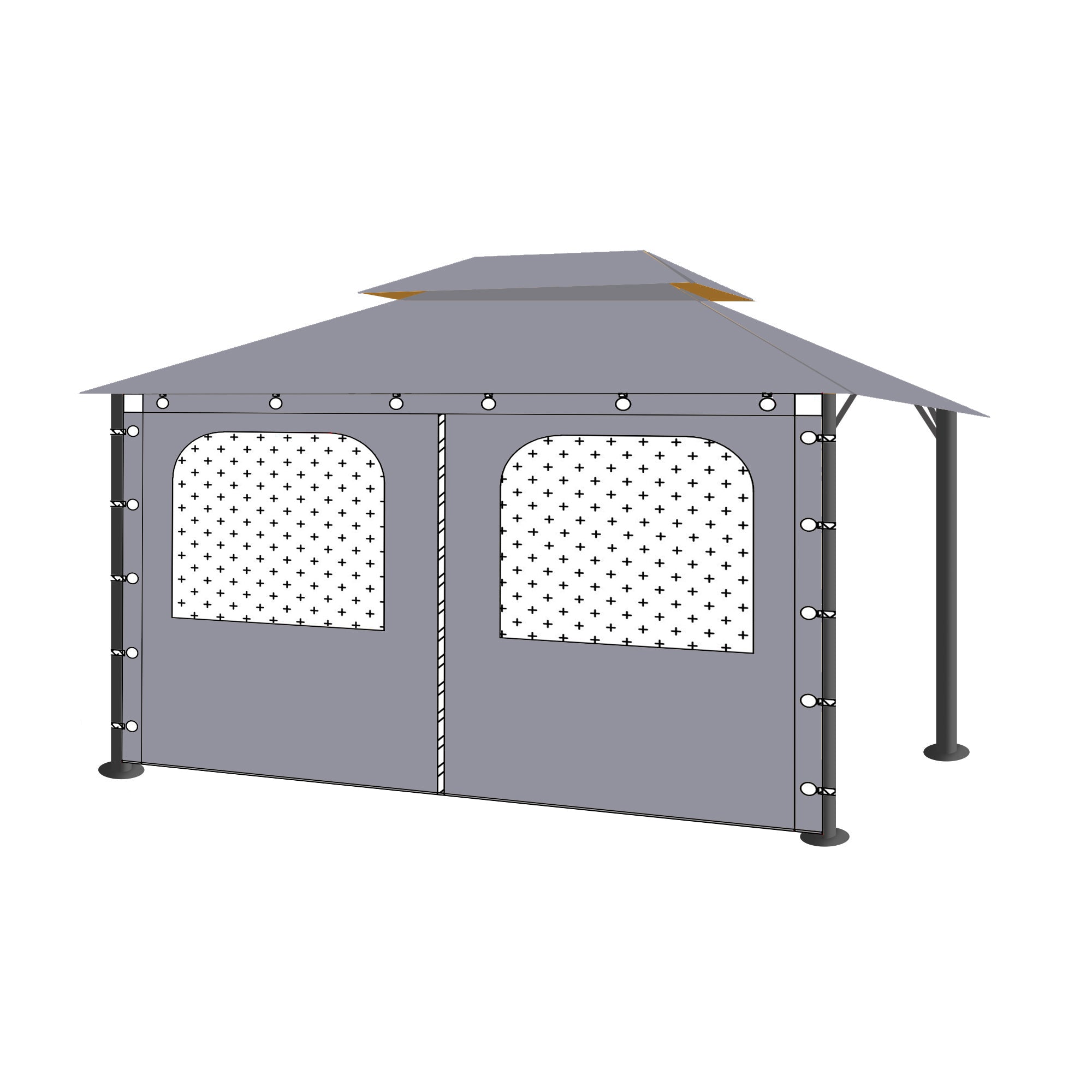 Gray waterproof outdoor canopy tent gazebo sidewall panel with two mesh windows and a zipper door for pergolas.