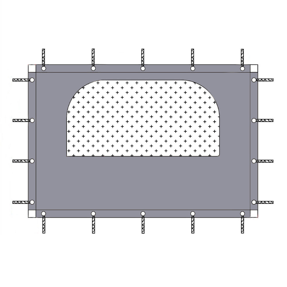 Technical diagram of a grey waterproof outdoor gazebo side panel with a mesh window and perimeter ties for pergola/porch installation.
