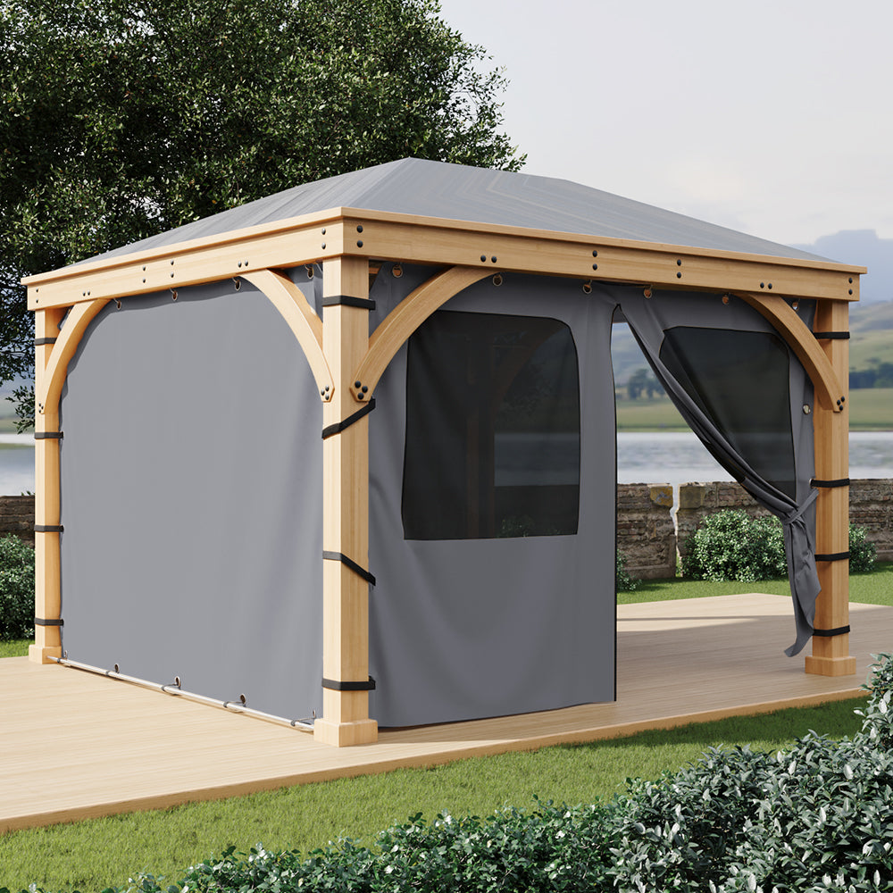 Grey waterproof outdoor gazebo side wall panels, one with mesh window, attached with grommets & ties to a wooden deck gazebo.