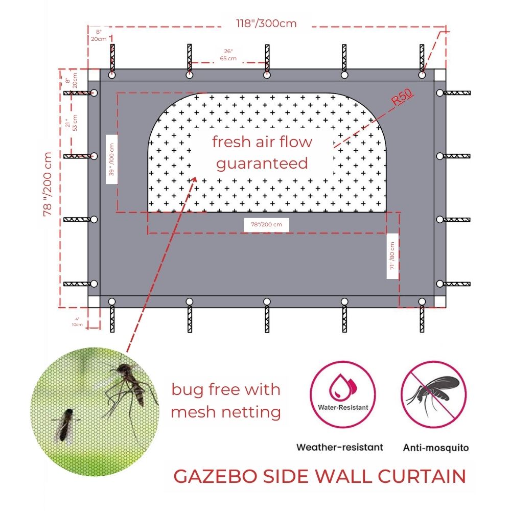 Technical diagram of a gray waterproof outdoor gazebo sidewall panel with mesh window, dimensions, zipper door. Bug-free, weather-resistant.