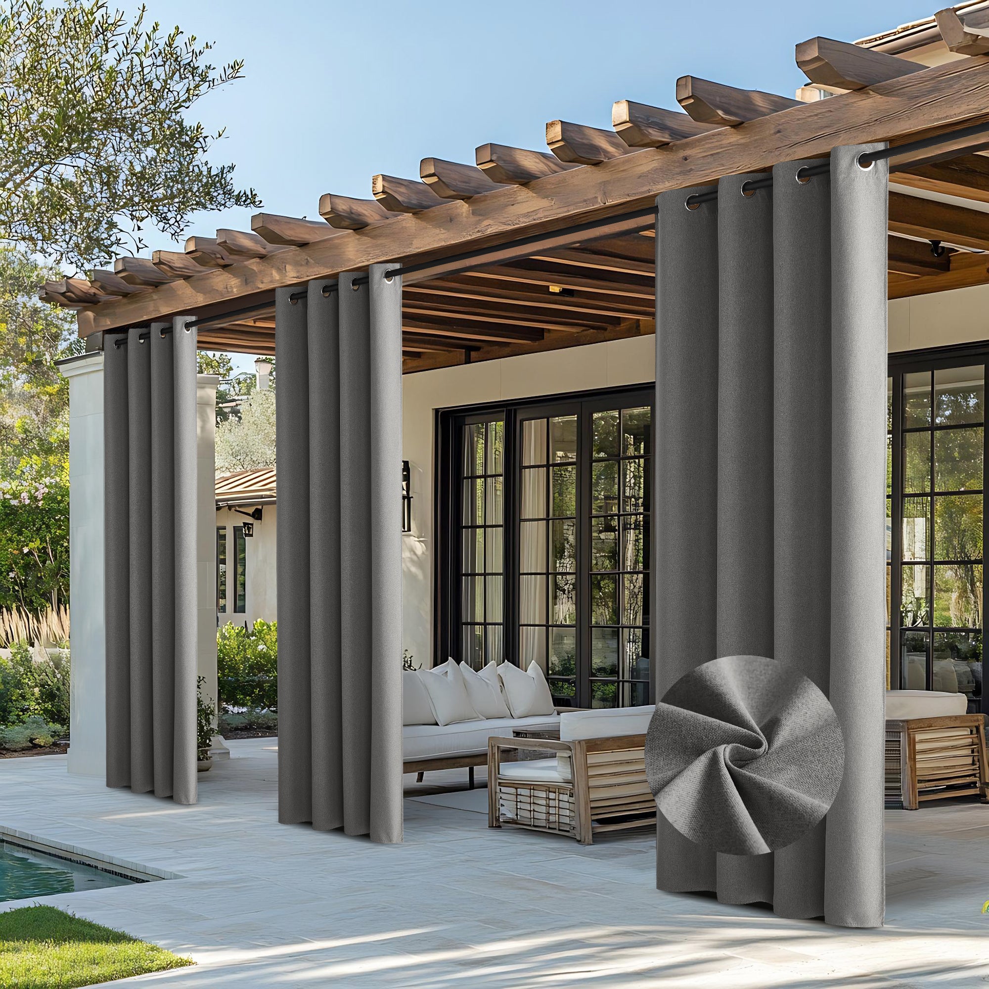 Gray OEKO-TEX 100% blackout waterproof faux linen outdoor curtains hanging from a patio pergola, offering shade & privacy.