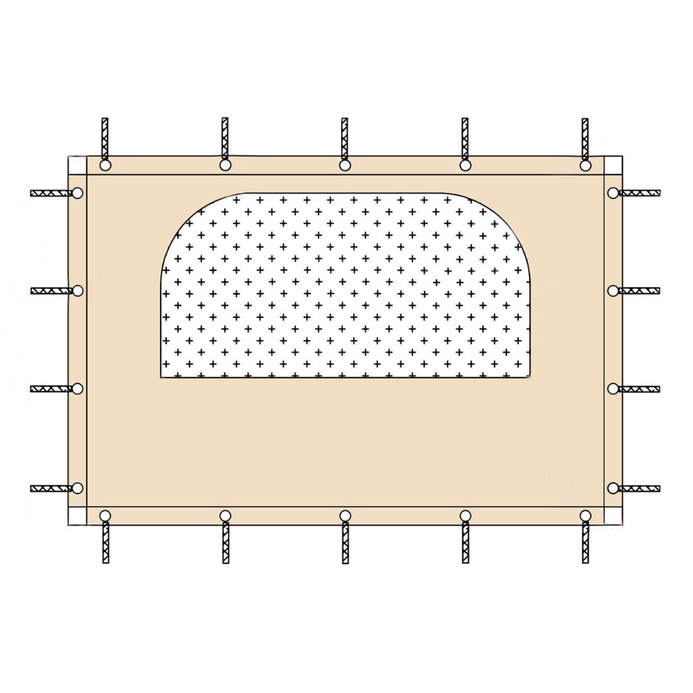 Diagram of a beige waterproof outdoor gazebo side panel with grommets, tie-downs & a rounded mesh window for pergolas.