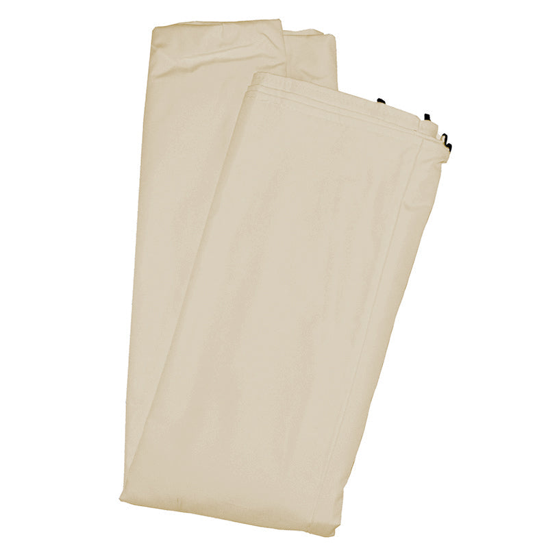 Folded beige pergola canopy fabric replacement with attachment clips, ready for outdoor shade and weather protection