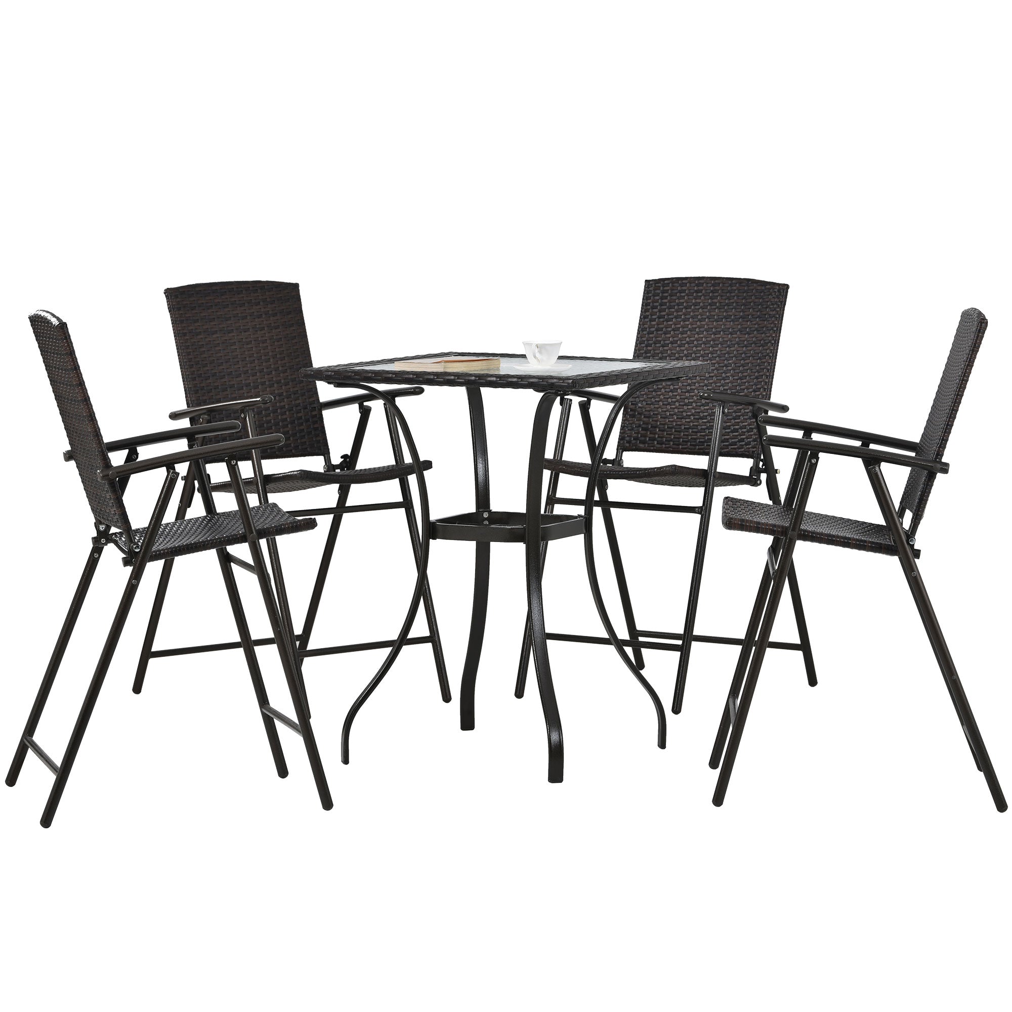[KGORGE Plus] Outdoor Patio PE Wicker 5-Piece Counter Height Dining Table Set with Umbrella Hole and 4 Foldable Chairs