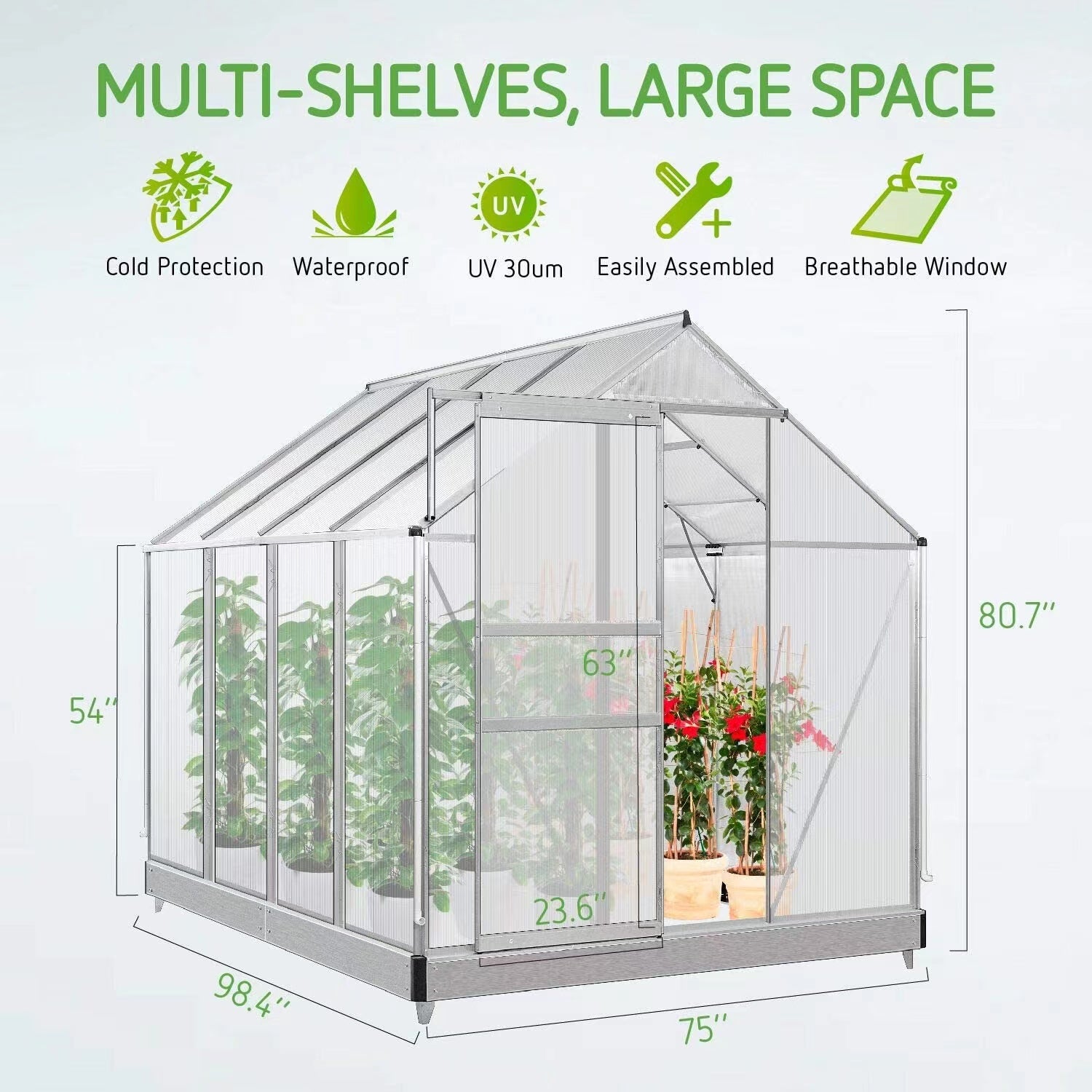 [KGORGE Plus] 8.3' x 6.3' x 6.8' Aluminum Outdoor Greenhouse, Polycarbonate Walk-in Garden Greenhouse Kit with Adjustable Roof Vent, Rain Gutter and Sliding Door for Winter