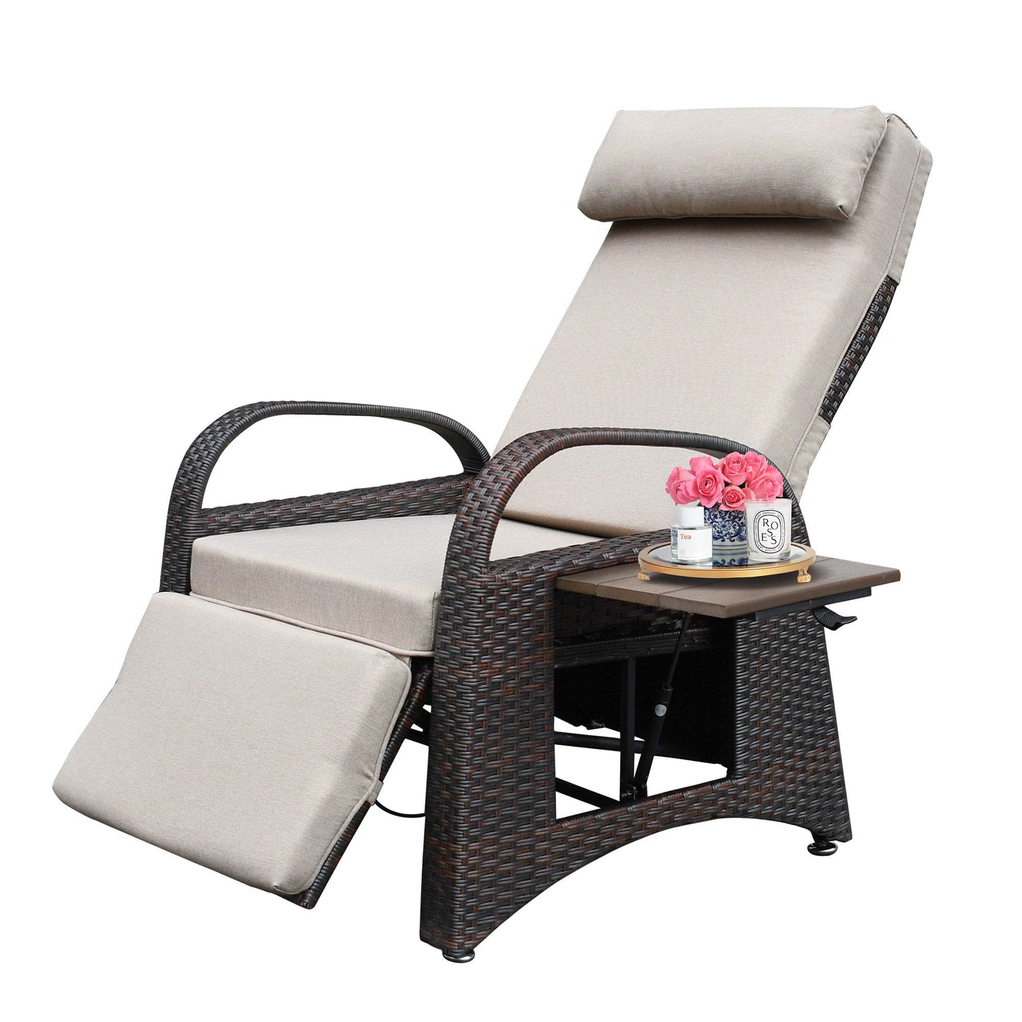 [KGORGE Plus] Outdoor Patio PE Wicker Adjustable Reclining Lounge Chair and Removable Soft Cushion with Modern Armchair and Ergonomic for Home, Sunbathing