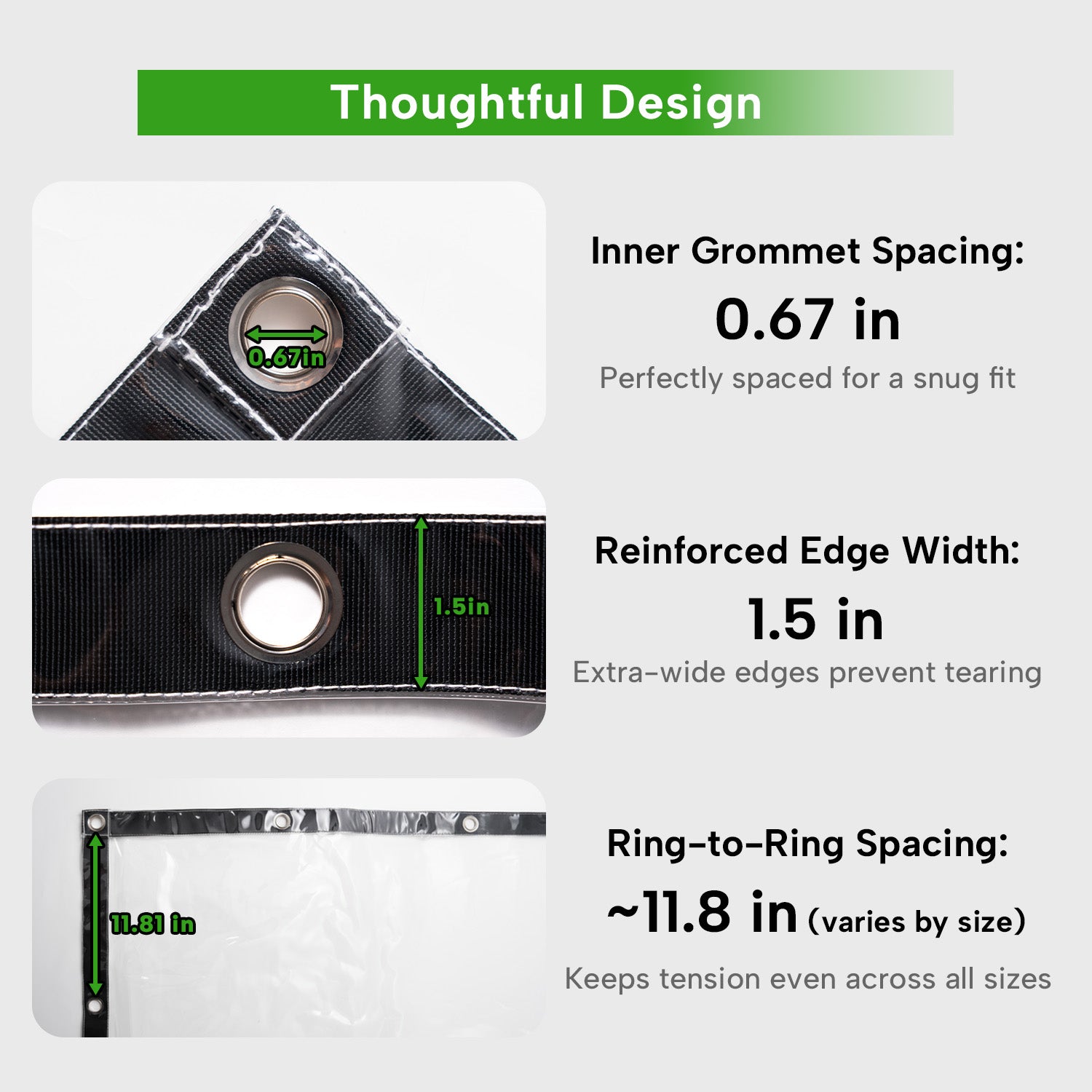 Heavy duty clear tarp design featuring 0.67in grommet spacing, 1.5in reinforced edges, ~11.8in ring-to-ring for patios & porches.