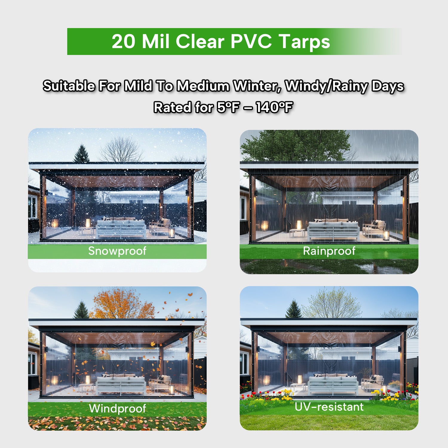20mil Outdoor Clear Tarps with Grommets PVC Insulation Shed Cloth for Patios, Porch, Screen Rooms, Gazebos