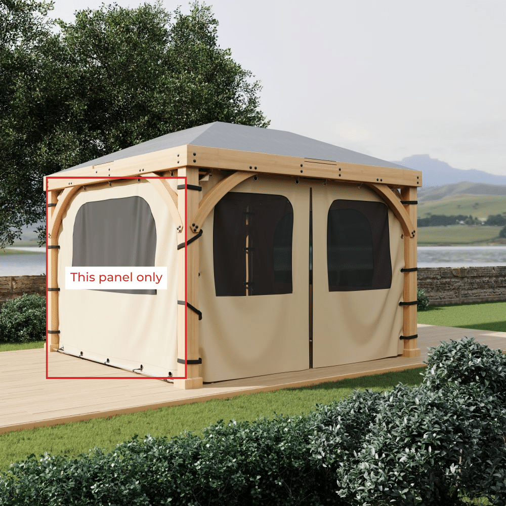 Beige waterproof outdoor canopy gazebo sidewall panel with a mesh window, shown attached to a wooden pergola frame.