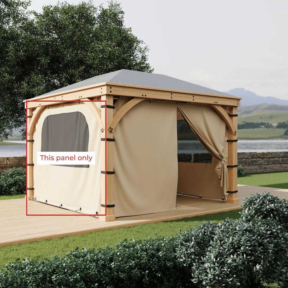 Durable tan waterproof outdoor gazebo sidewall panel with mesh window. Ideal for pergolas, patios, and all-weather privacy.