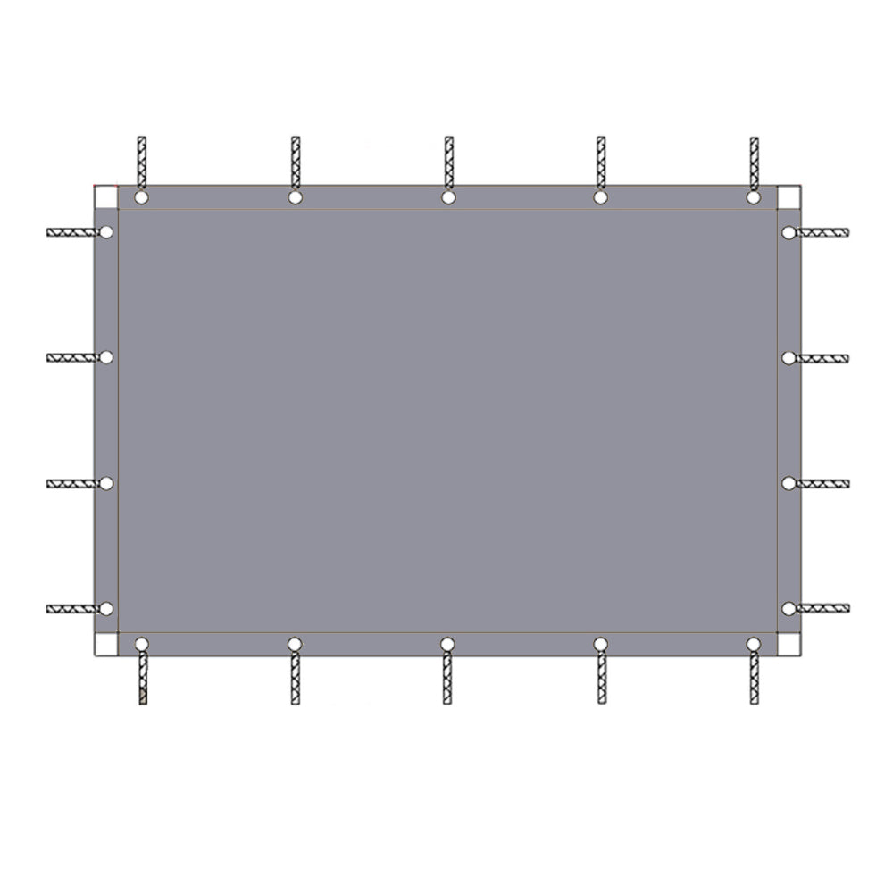 Diagram of gray waterproof outdoor side panel wall for pergolas/gazebos, showing grommets & attachment ropes on all edges.