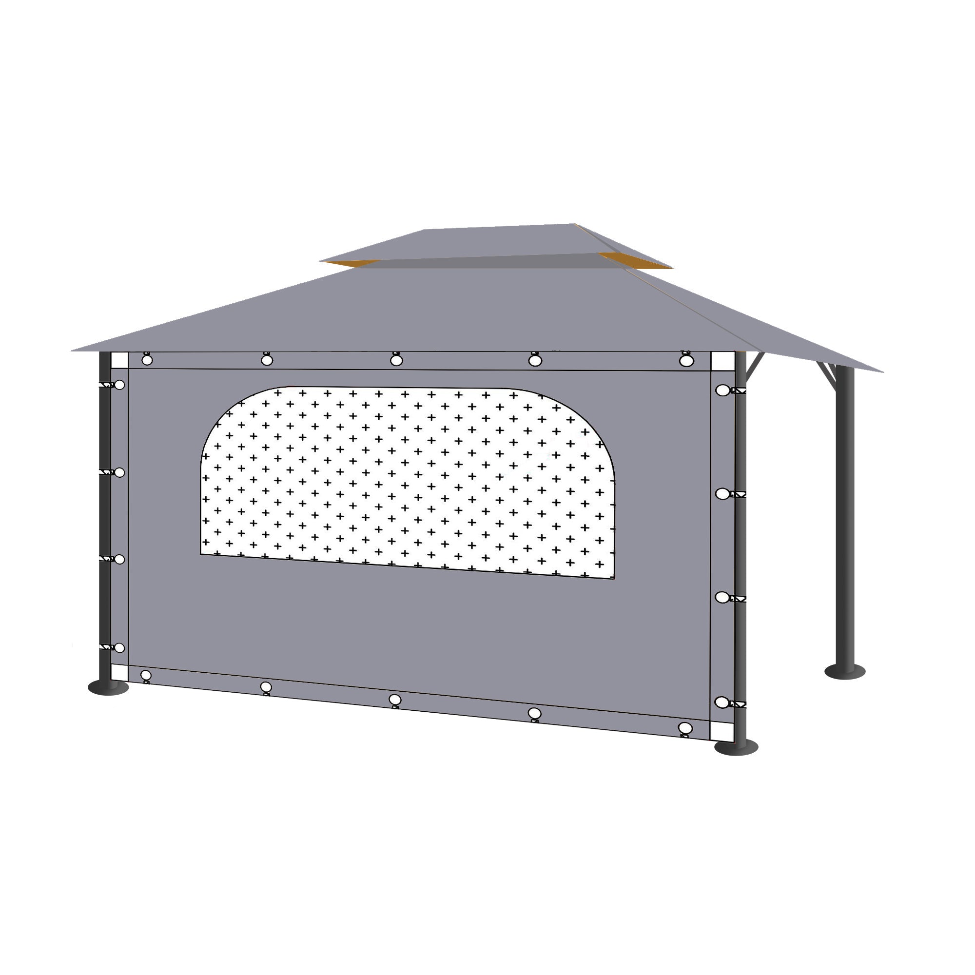 Grey waterproof outdoor gazebo side panel wall with transparent window & reinforced grommets. Provides weatherproof protection for pergolas or porches.