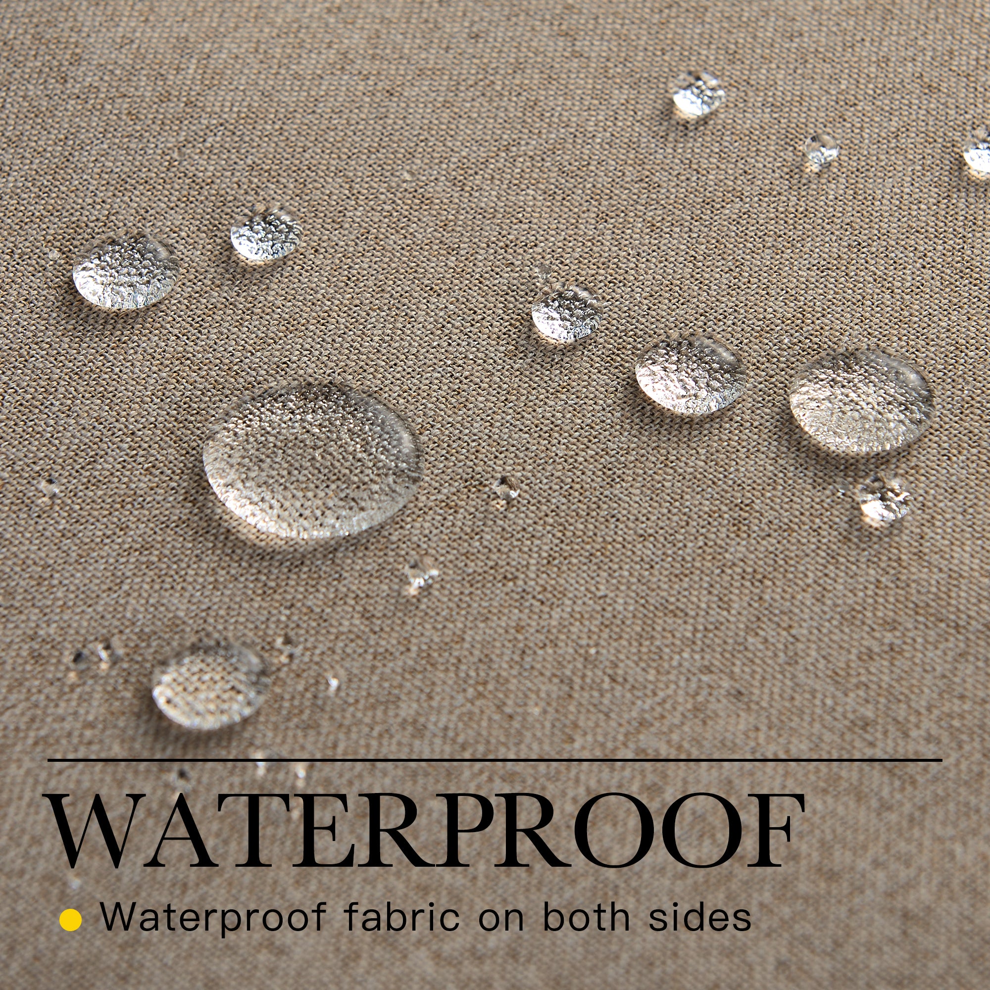 Water droplets bead up on beige waterproof faux linen outdoor curtain fabric, highlighting its water-resistant quality for patios.