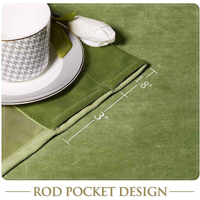Olive green luxury velvet blackout curtain, close-up of 3-inch rod pocket design with 1.8-inch header for easy installation.