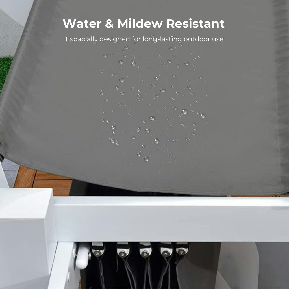 Water droplets on KGORGE gray heavy-duty waterproof pergola canopy replacement fabric, showcasing mildew resistance for outdoor protection.
