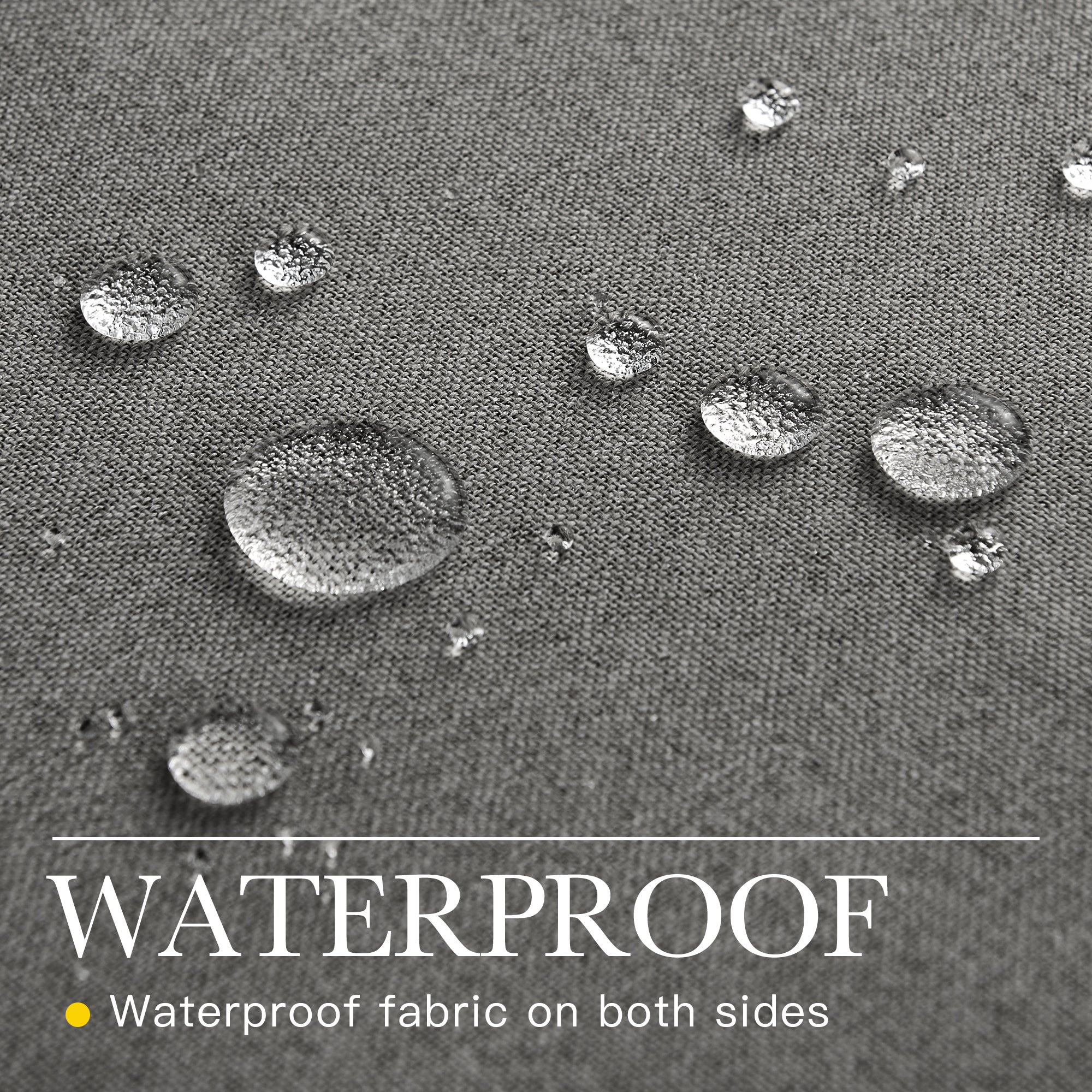 Close-up of waterproof grey faux linen outdoor curtain fabric with beaded water droplets, highlighting its weather-resistant performance.