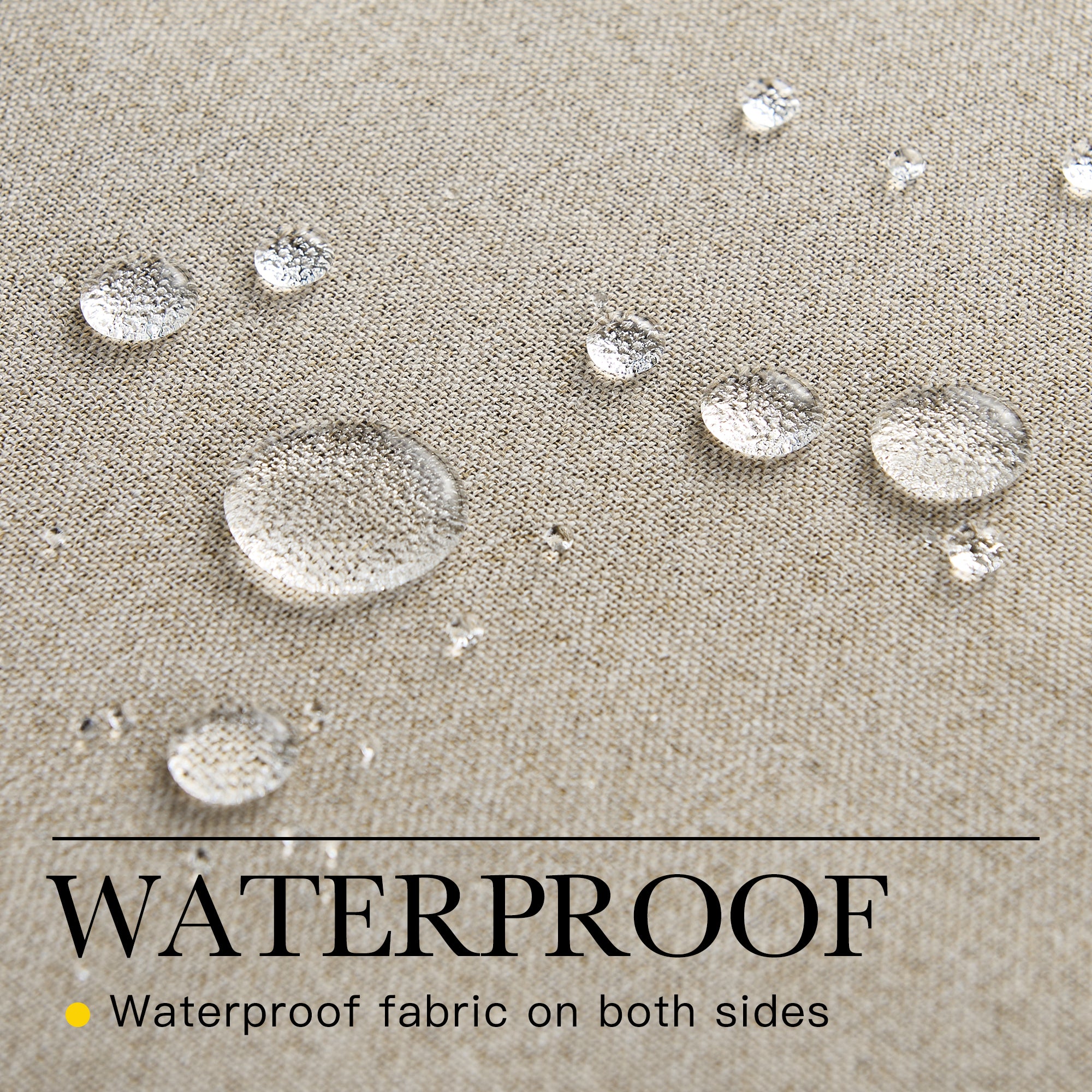 Beige faux linen outdoor curtain fabric close-up with water droplets beading on surface, highlighting its waterproof, weather-resistant design.