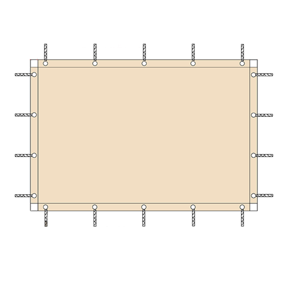 Diagram of a rectangular tan waterproof outdoor gazebo side panel with grommets and tie-down ropes for pergolas & porches.