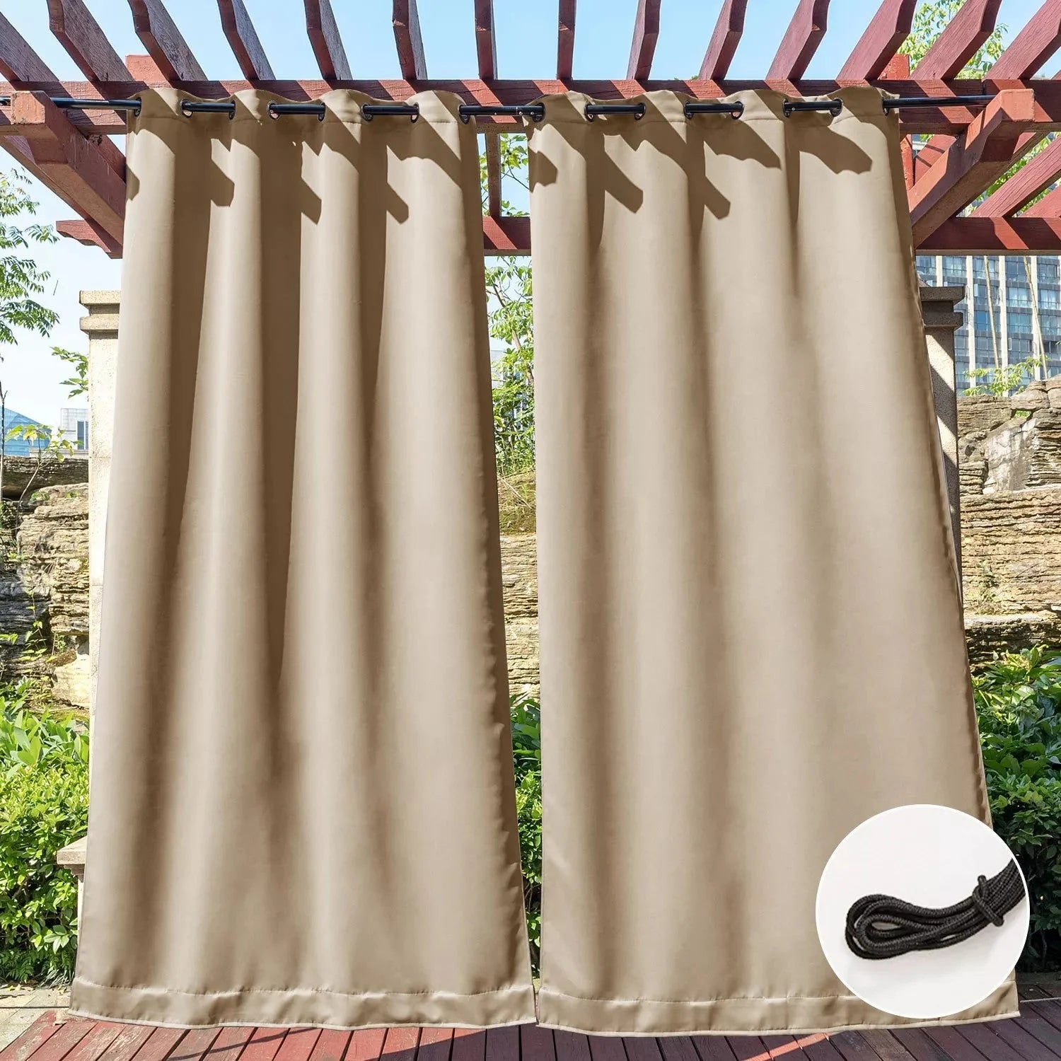 Waterproof Windproof Thermal Outdoor Curtains With Ropes 2 Panels | Outdoor Standard