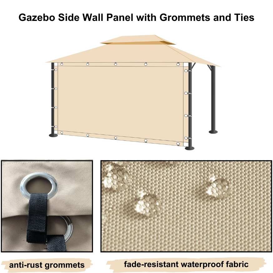 Beige waterproof outdoor gazebo side panel with anti-rust grommets & ties. Fabric close-up shows fade-resistant, water-beading material.