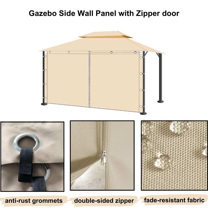 Beige waterproof outdoor gazebo side panel with zipper door, showcasing anti-rust grommets, double-sided zipper, and fade-resistant fabric.