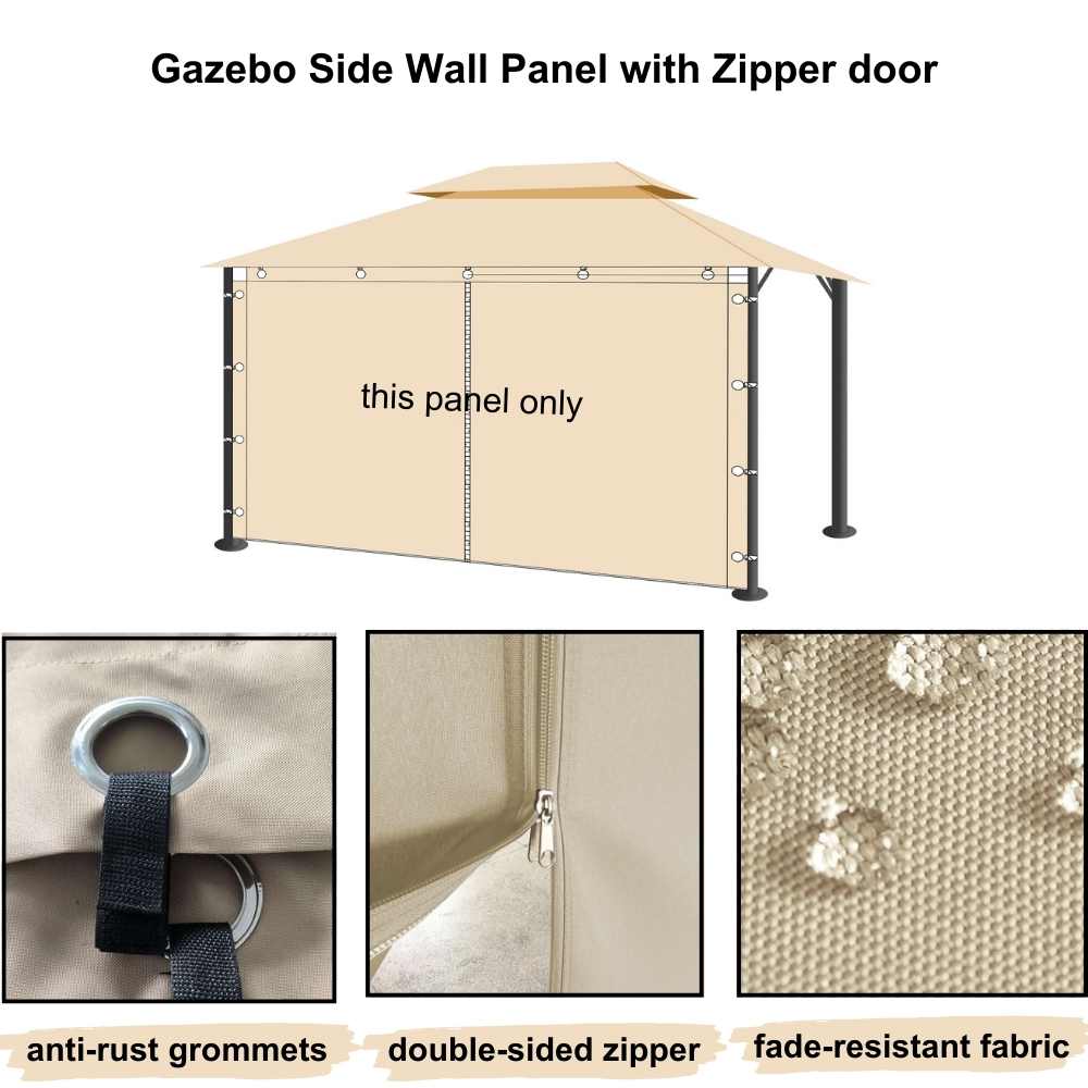 Beige waterproof outdoor gazebo side wall panel with a double-sided zipper door, anti-rust grommets & fade-resistant fabric showing water resistance.